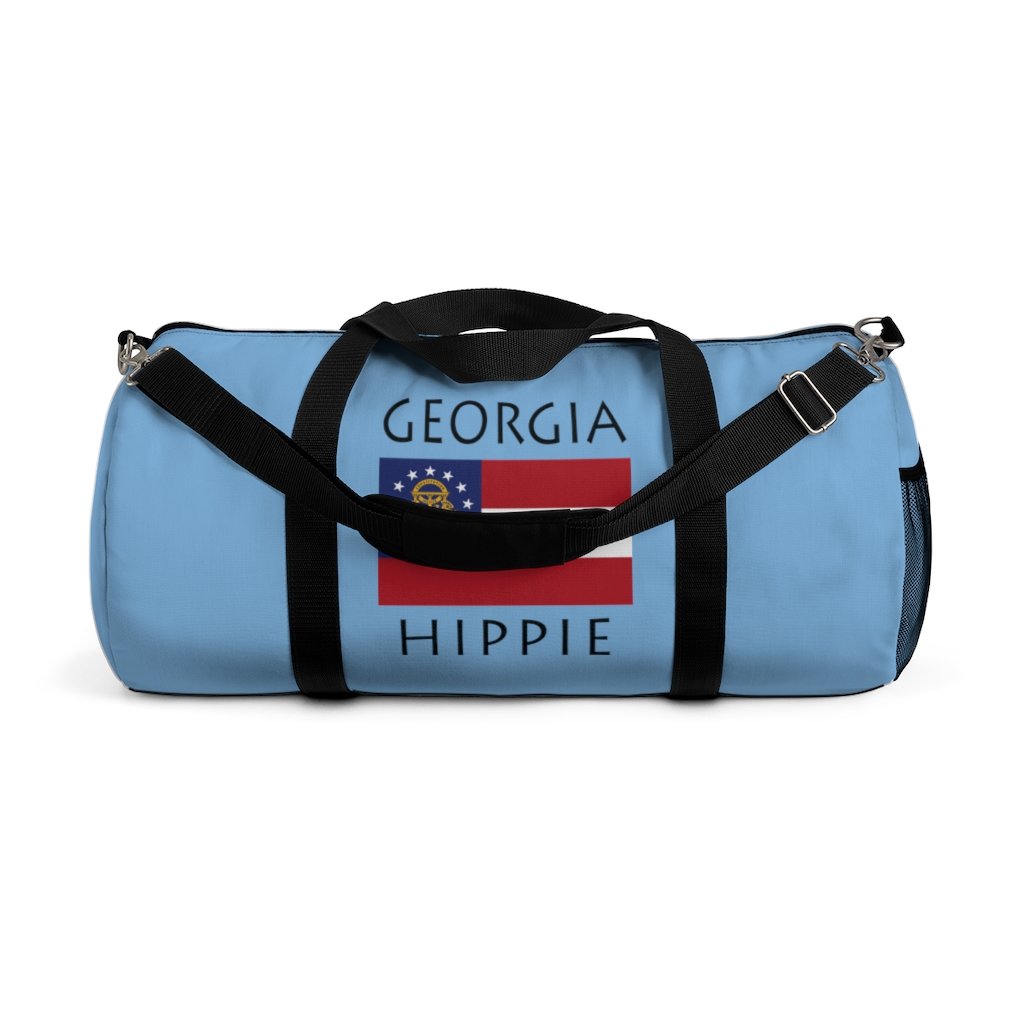 Stately Wear's Georgia Flag Hippie duffel bag is colorful, iconic and stylish. We are a Katie Couric Shop partner. This duffel bag is the perfect accessory as a beach bag, ski bag, travel bag, shopping bag & gym bag, Pilates bag or yoga bag. Custom made one-at-a-time with environmentally friendly biodegradable inks & dyes. 2 sizes to choose. Stately Wear's bags are very durable, soft and colorful duffels with durable strap.