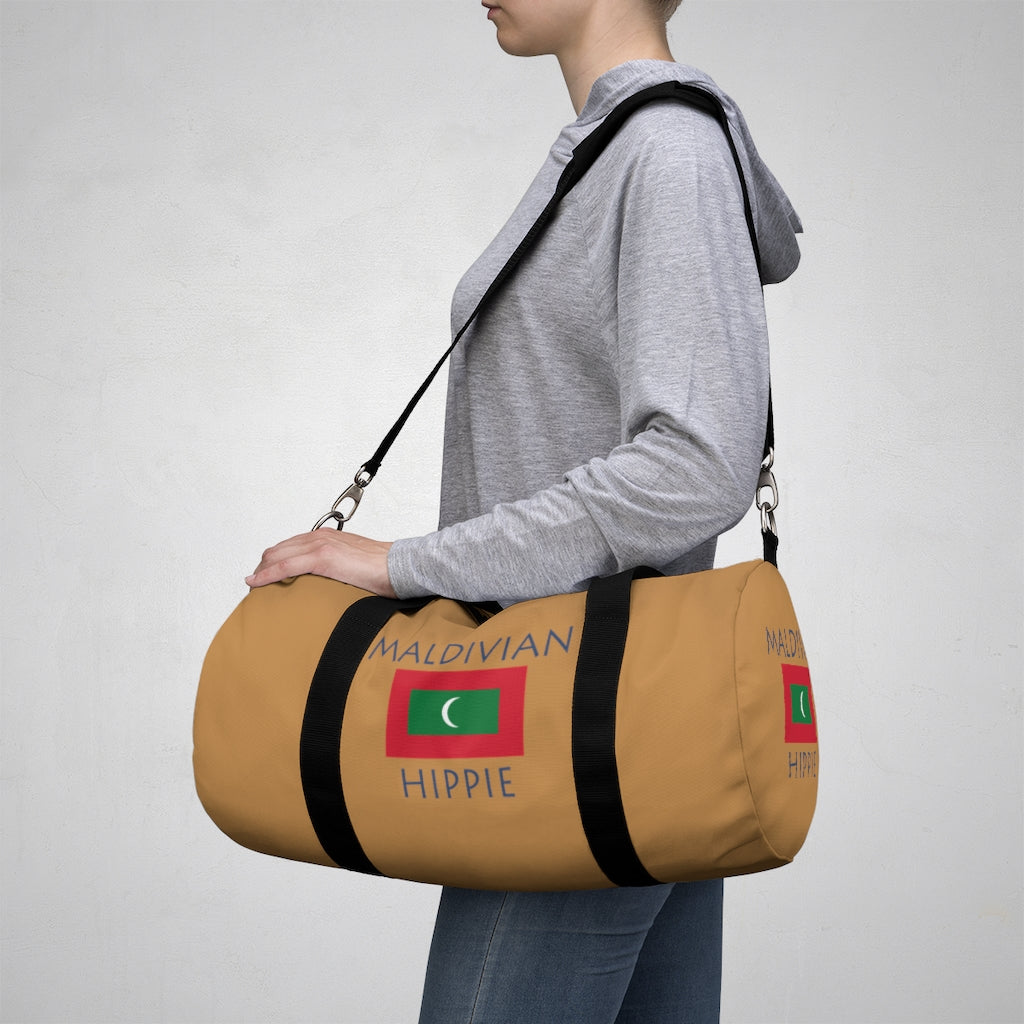 You will love Stately Wear's Maldivian Flag Hippie duffel bag. Katie Couric Shop partner. Perfect accessory as a beach bag, ski bag, travel bag & gym or yoga bag.  Custom made one-at-a-time.  Environmentally friendly.  Biodegradable inks & dyes.  Good for the planet. 2 sizes to choose.