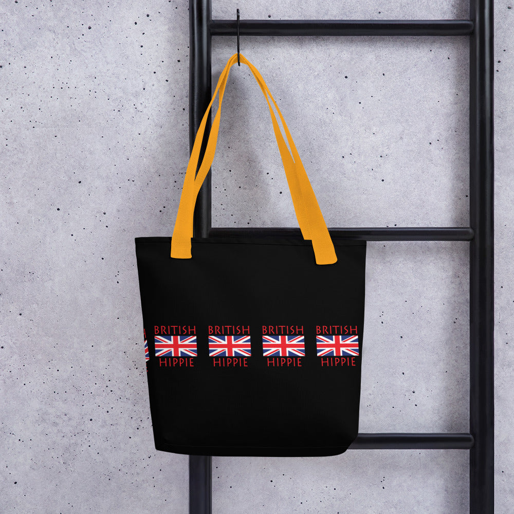 The Stately Wear British Flag Hippie has bold colors from the iconic British flag. Made with biodegradable inks & dyes and made one-at-a-time it is environmentally friendly. 3 different color handles to choose from.  It is a great gym bag, beach bag, yoga bag, Pilates bag and travel bag.