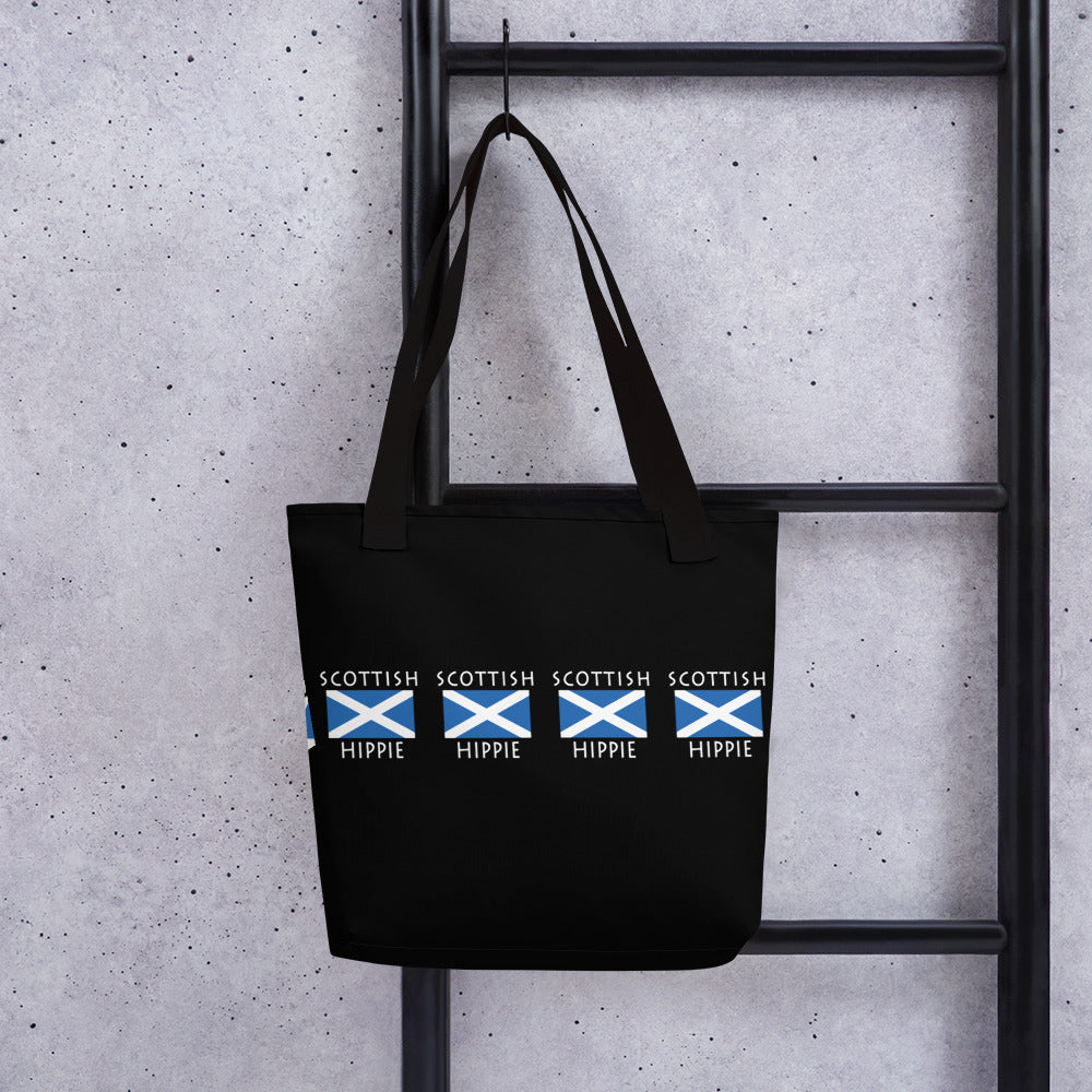  The Stately Wear Scottish Flag Hippie tote bag has bold colors from the iconic Scottish flag. Made with biodegradable inks & dyes and made one-at-a-time it is environmentally friendly. 3 different sizes to choose from so it is a great gym bag, beach bag, yoga bag, Pilates bag and travel bag.