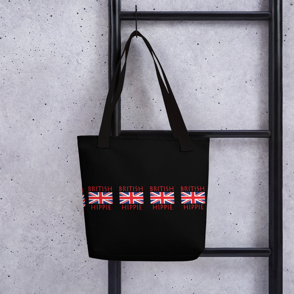 The Stately Wear British Flag Hippie has bold colors from the iconic British flag. Made with biodegradable inks & dyes and made one-at-a-time it is environmentally friendly. 3 different color handles to choose from.  It is a great gym bag, beach bag, yoga bag, Pilates bag and travel bag.