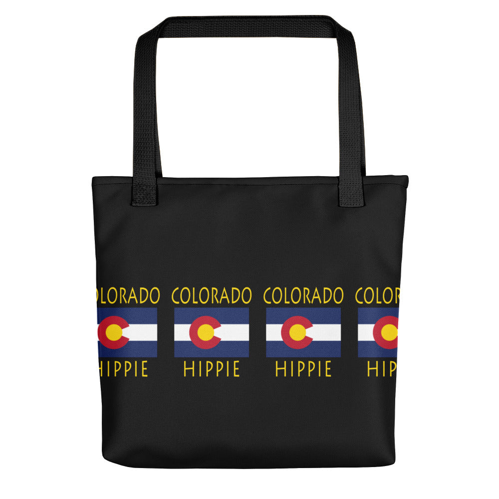 The Stately Wear Colorado Flag Hippie has bold colors from the iconic British flag. Made with biodegradable inks & dyes and made one-at-a-time it is environmentally friendly. 3 different colored handles to choose from.  It is a great gym bag, beach bag, yoga bag, Pilates bag and travel bag.