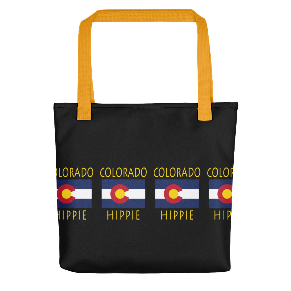 The Stately Wear Colorado Flag Hippie has bold colors from the iconic British flag. Made with biodegradable inks & dyes and made one-at-a-time it is environmentally friendly. 3 different colored handles to choose from.  It is a great gym bag, beach bag, yoga bag, Pilates bag and travel bag.