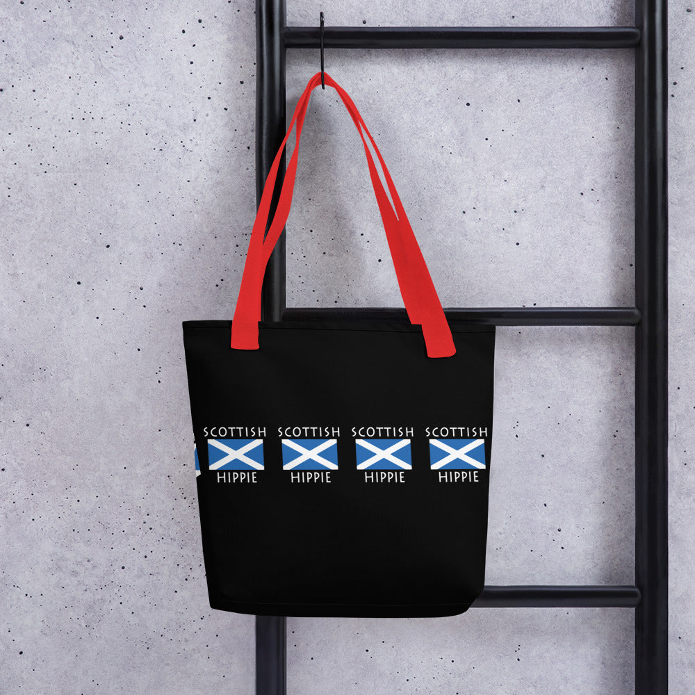  The Stately Wear Scottish Flag Hippie tote bag has bold colors from the iconic Scottish flag. Made with biodegradable inks & dyes and made one-at-a-time it is environmentally friendly. 3 different sizes to choose from so it is a great gym bag, beach bag, yoga bag, Pilates bag and travel bag.