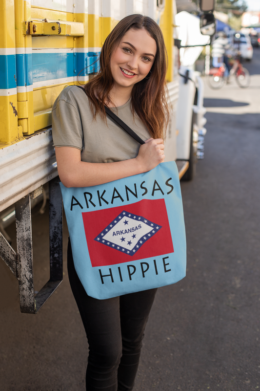 The Stately Wear Arkansas Flag Hippie tote bag has bold colors from the Arkansas flag.  Environmentally friendly tote bag made with biodegradable inks & dyes and made one-at-a-time.  3 practical sizes so it is perfect as a great gym bag, beach bag, yoga bag, Pilates bag and travel bag.
